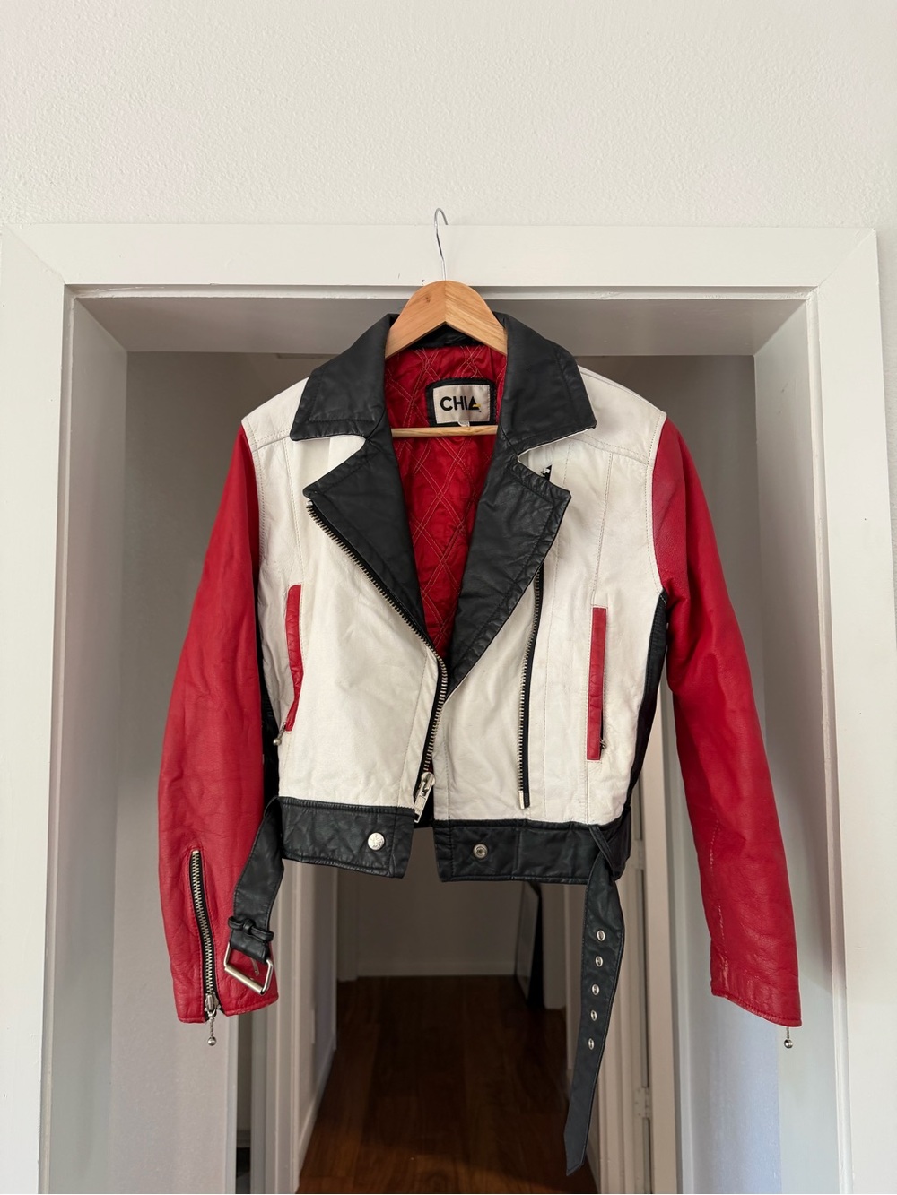 CHL Colorblock Leather Moto Jacket in Red, White & Black
